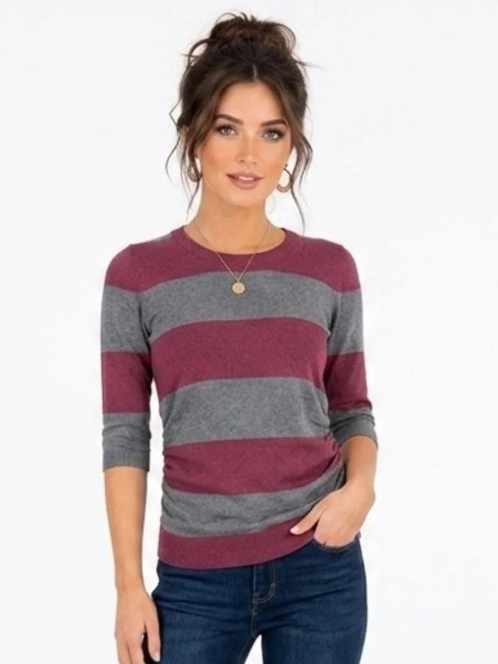 Pink Rose Burgundy Gray Striped Ruched Side Sweater Top Women's Small 3/4 Sleeve